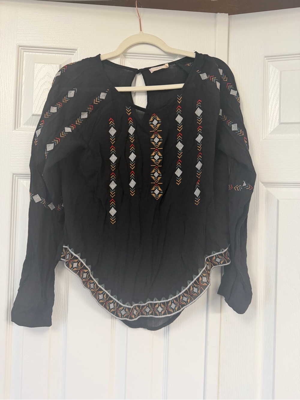 Lush Black Embroidered Long-Sleeve Peasant Blouse